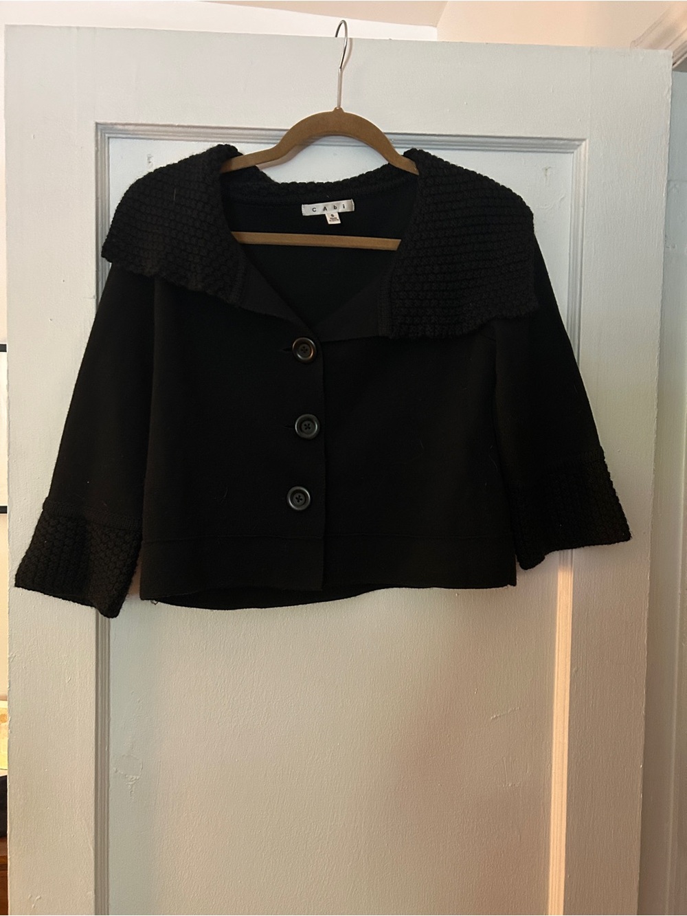 CAbi Black Cropped Knit-Collar Jacket